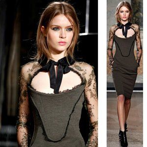 NEW Emilio Pucci Runway Lace Collar Sleeve Dress 42 8 Cocktail Olive Black Wool